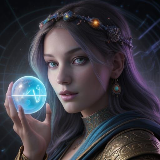 Esoteric Mystic Holds Glowing Orb in a Realm of Swirling Cod...