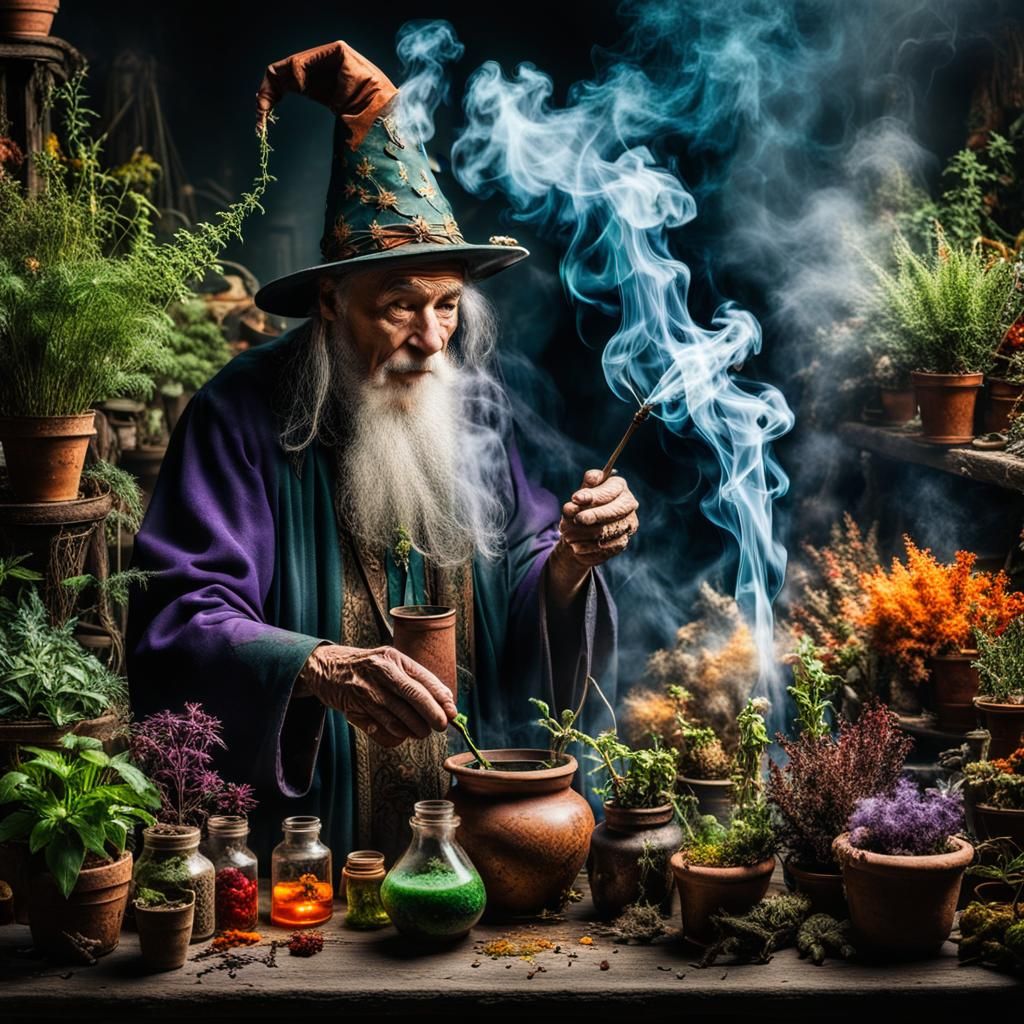 Elderly Sorcerer Mixing Potion in a Mystical Laboratory