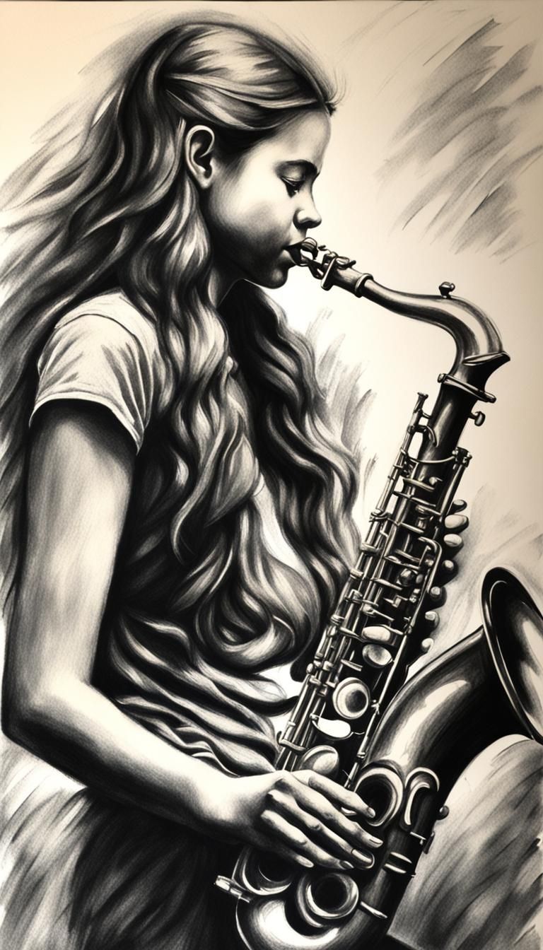 Girl Playing Saxophone in Charcoal