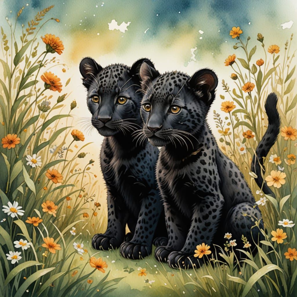 Watercolor Illustration of Two Adorable Black Leopard Cubs i...