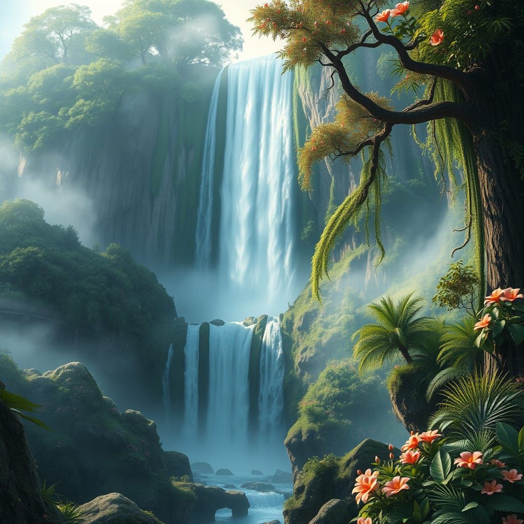 Ethereal Waterfall Scene in Hyper-Realistic Style