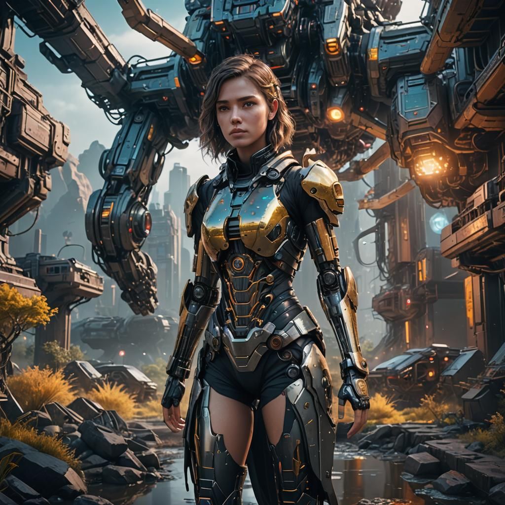 Girl and AI Robot in Detailed Sci-Fi Art
