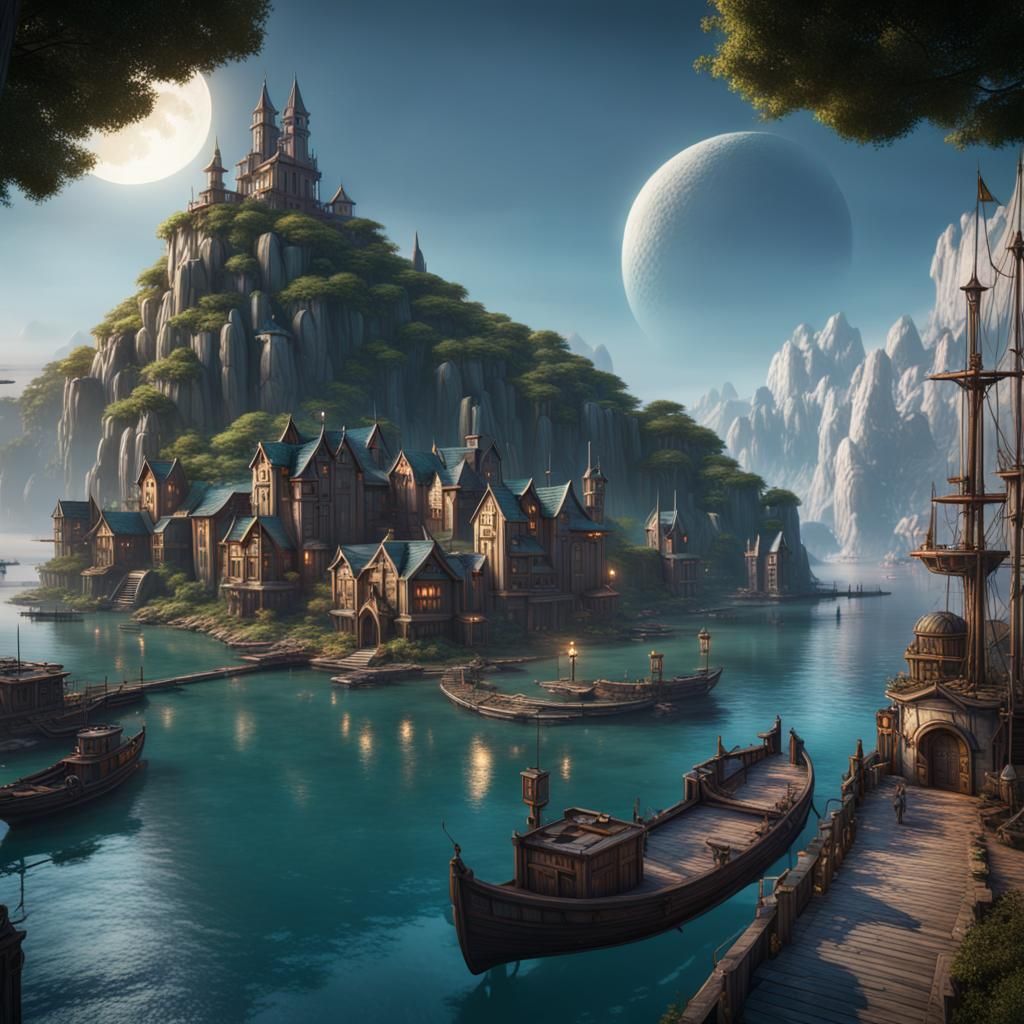 Moon Elf Port City: Fantasy Concept Art
