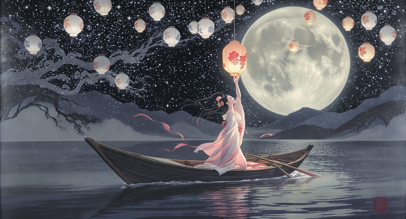 Japanese Beauty with Lantern in Fantasy Lakescape