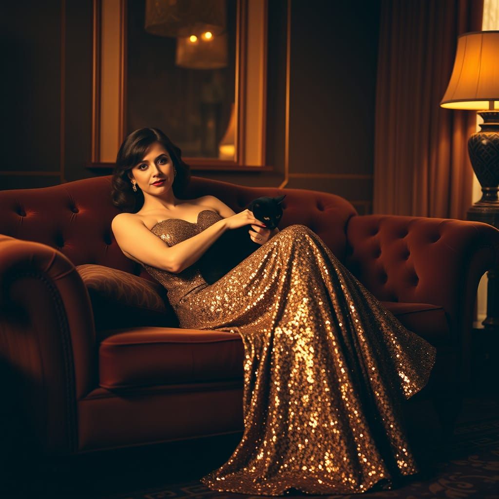 Glamorous Woman with Sleek Black Cat in Art Deco Setting