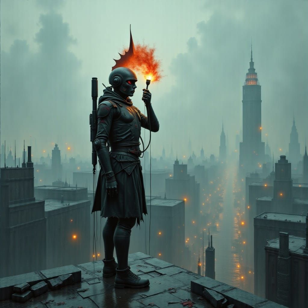 <lora:Color Magic:1.0> A solitary robot, its chassis weathered and showing signs of industrial grit, stands on a deserte...