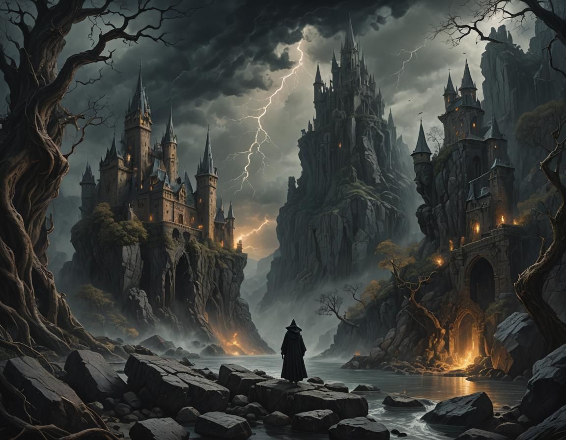 Witch Conjuring Storm in Fantasy Castle: Digital Painting