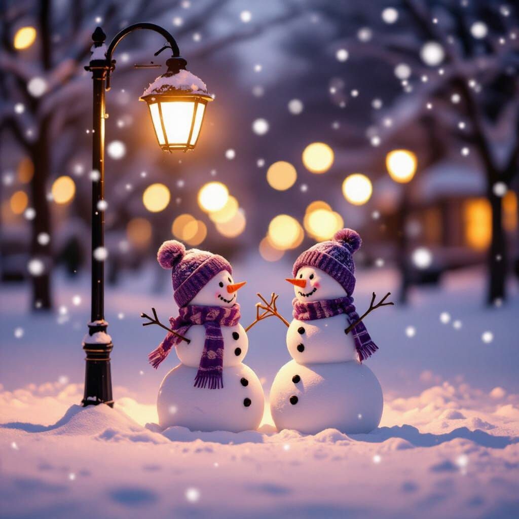 Singing Snowpeople Under Streetlight in Falling Snow