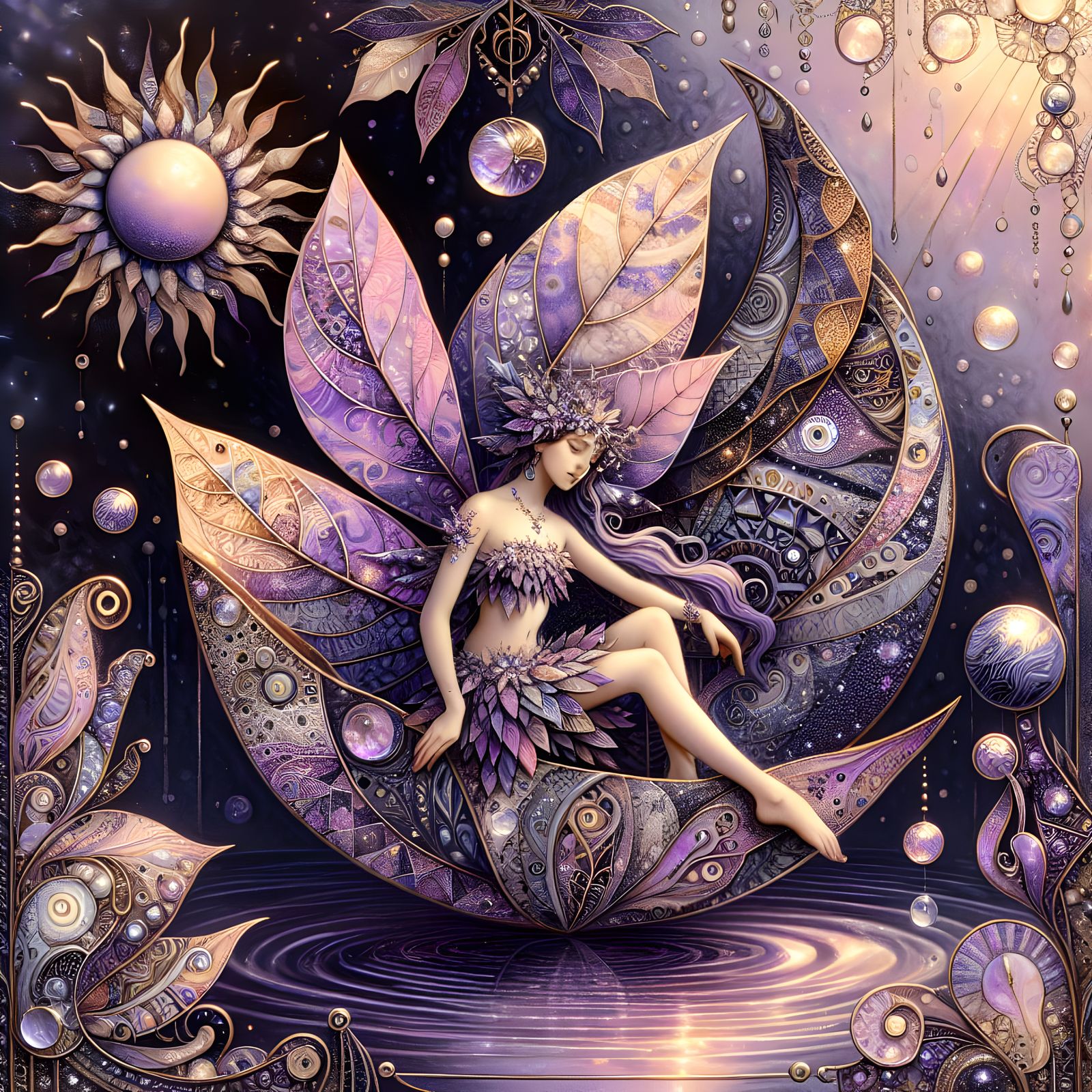 Majestic Fairy Seated on a Solar Punk Leaf Boat