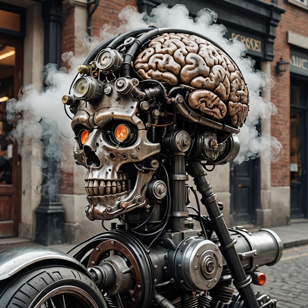 Steam-Powered Brain on a Motorcycle: Photorealistic Image
