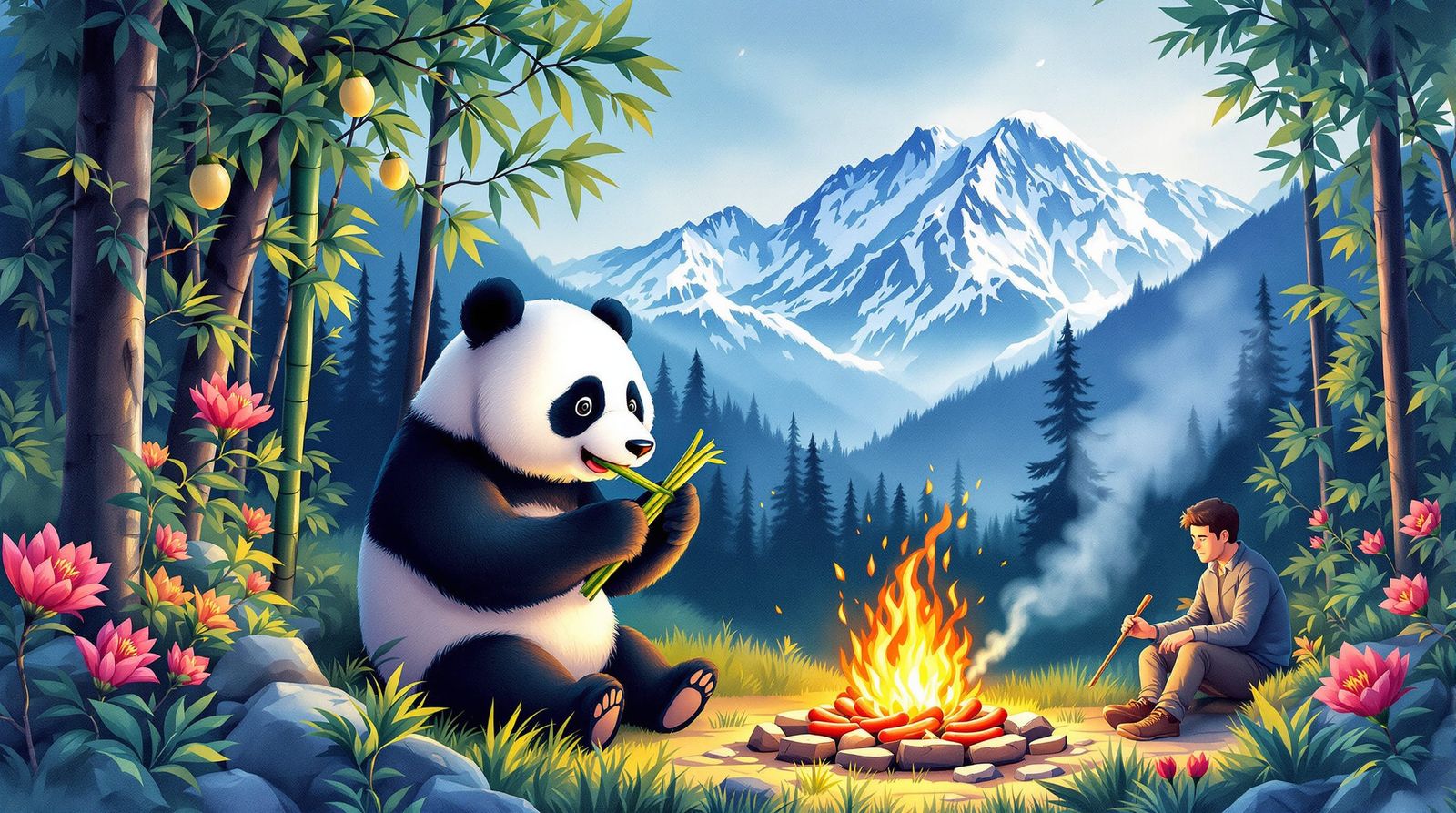 Panda Eating Bamboo in Himalayas, Watercolor & Ink Style