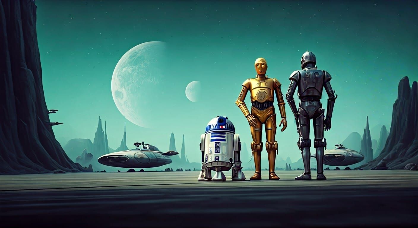 R2-D2 and C-3PO on Alien Street, Hyperrealistic
