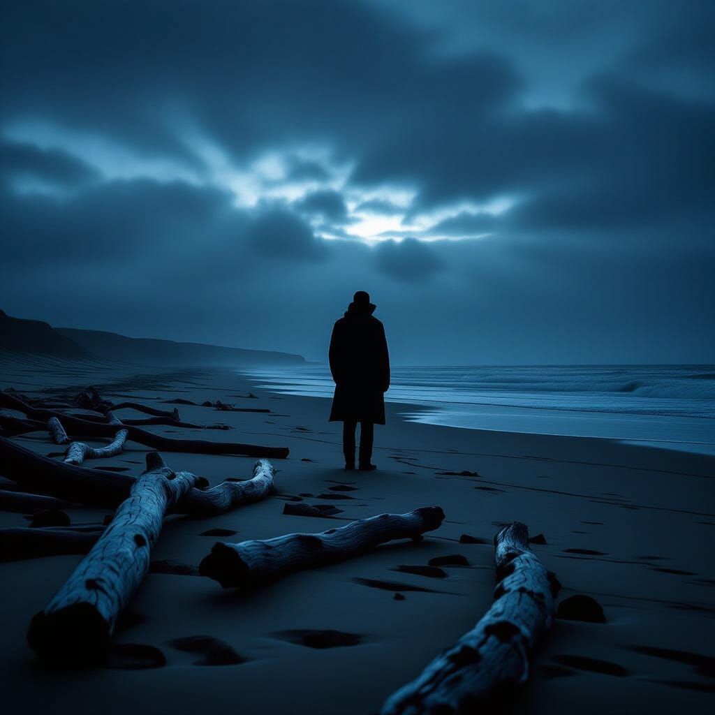 Solitary Figure on Stormy Beach at Twilight