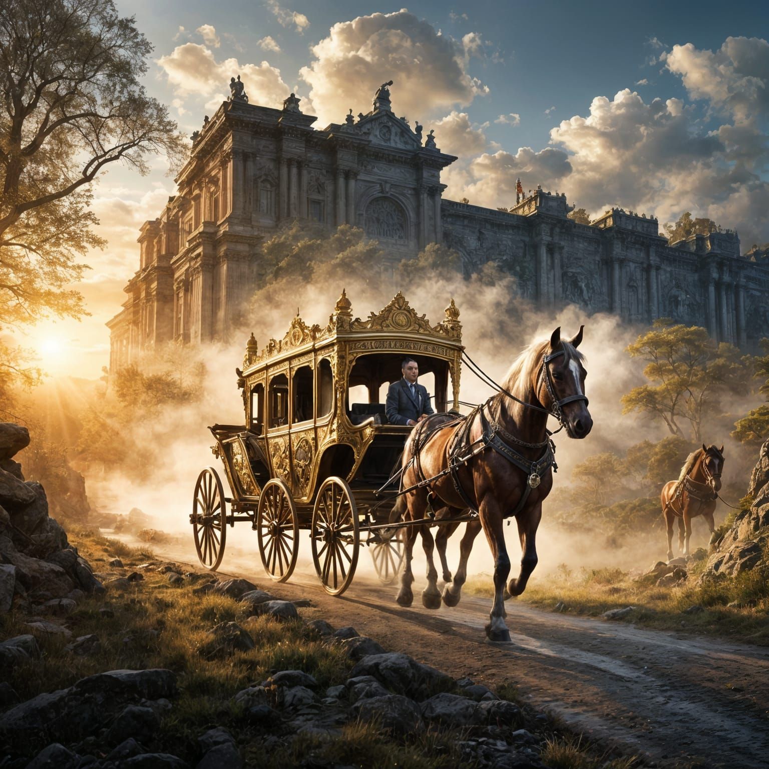 Ornate Horse-Drawn Carriage on Ancient Road