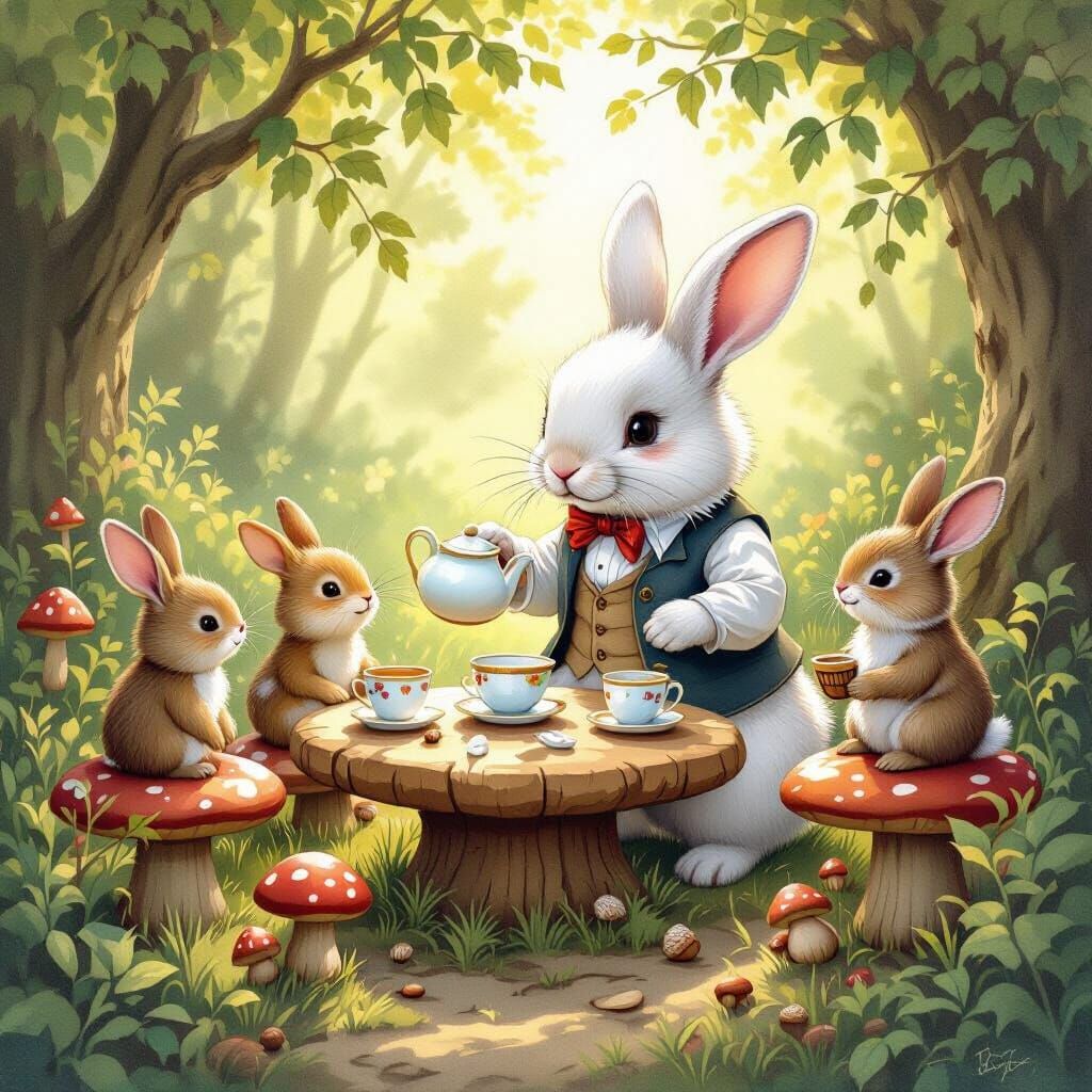 Woodland Tea Party with Rabbit, Inspired by Classic Illustra...