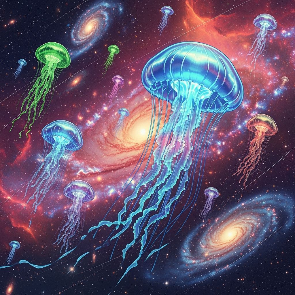 Bioluminescent Jellyfish in Cosmic Ocean, Retro Sci-Fi Art