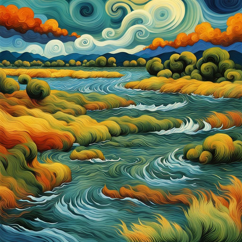 Surreal Riverside Landscape in Digital Watercolor Style