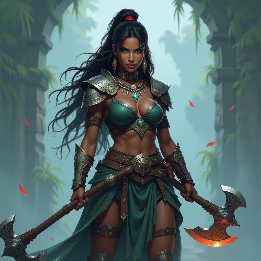 Amazon Warrior Woman with Mystical Axe in Fantasy Art Style