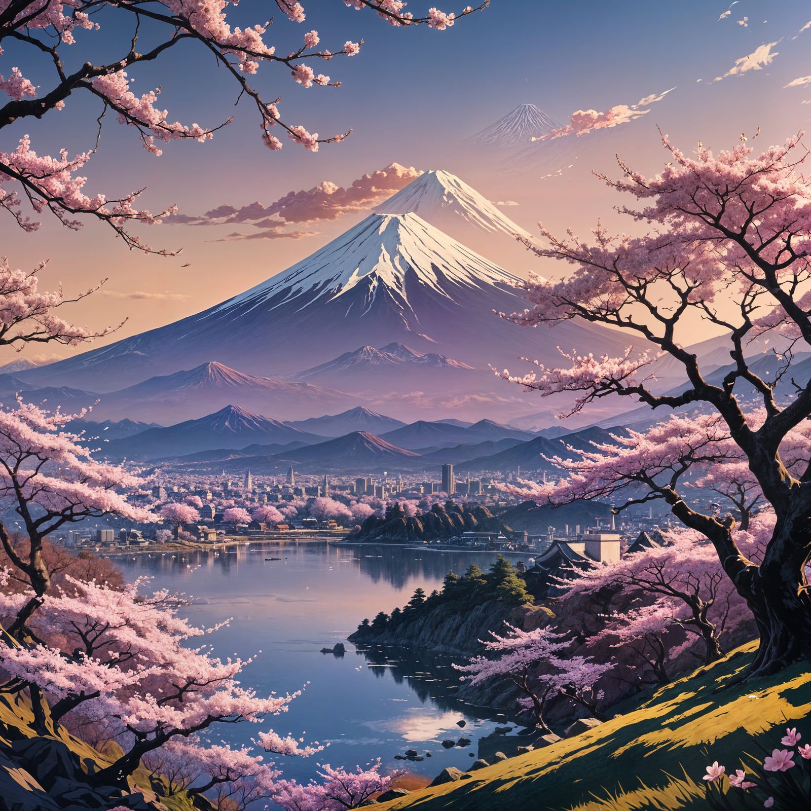 Cherry Blossoms and Mount Fuji: Fantasy Concept Art