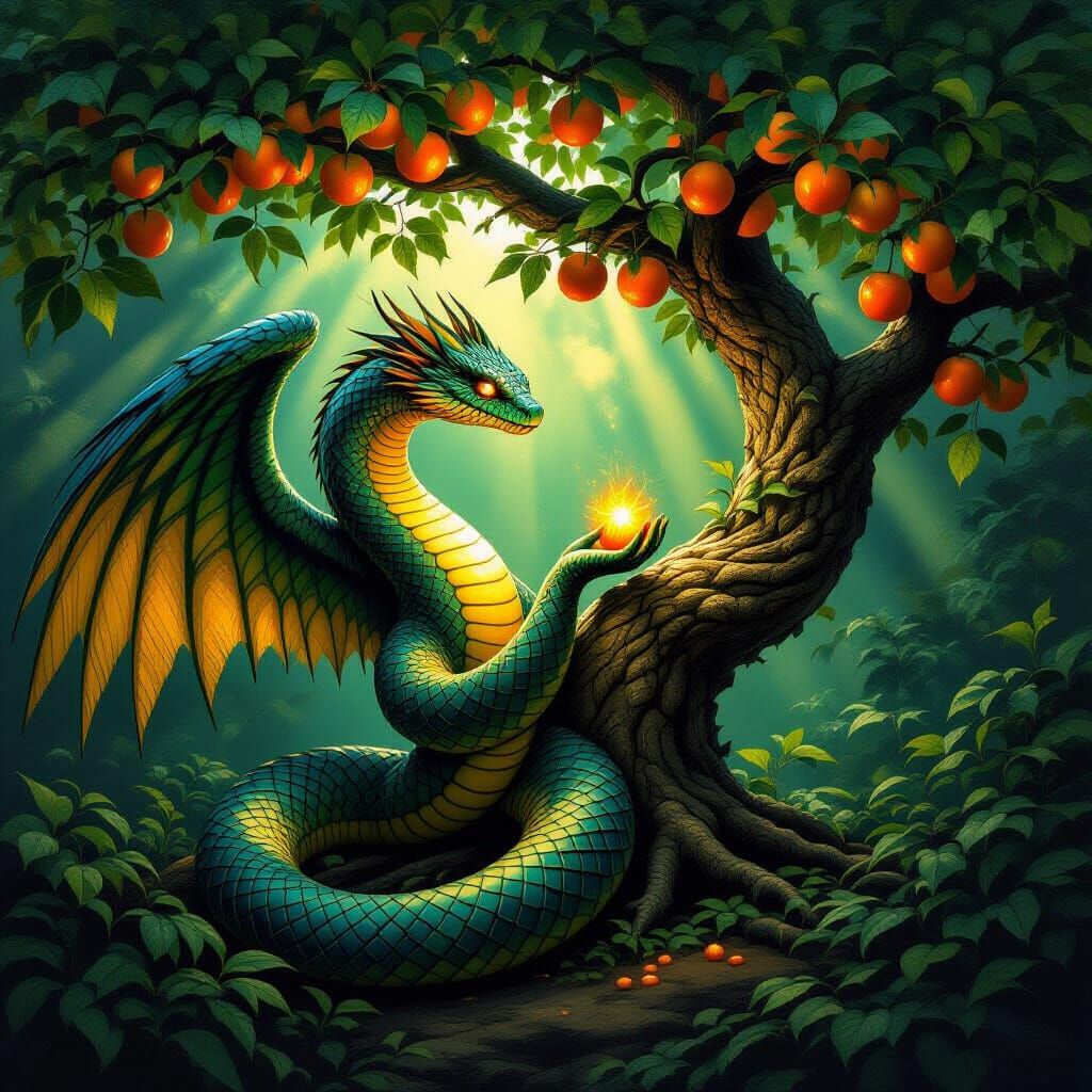 Serpent Tempts with Luminous Fruit in Dramatic Style