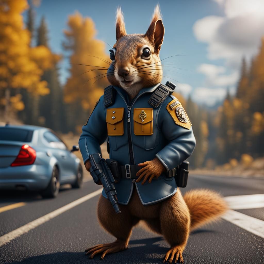 Hyperrealistic Squirrel in Highway Patrol Outfit