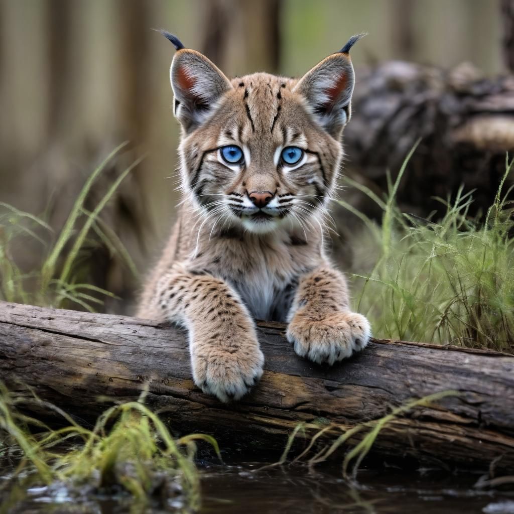 Cute Baby Bobcat with Blue Eyes in Swamp