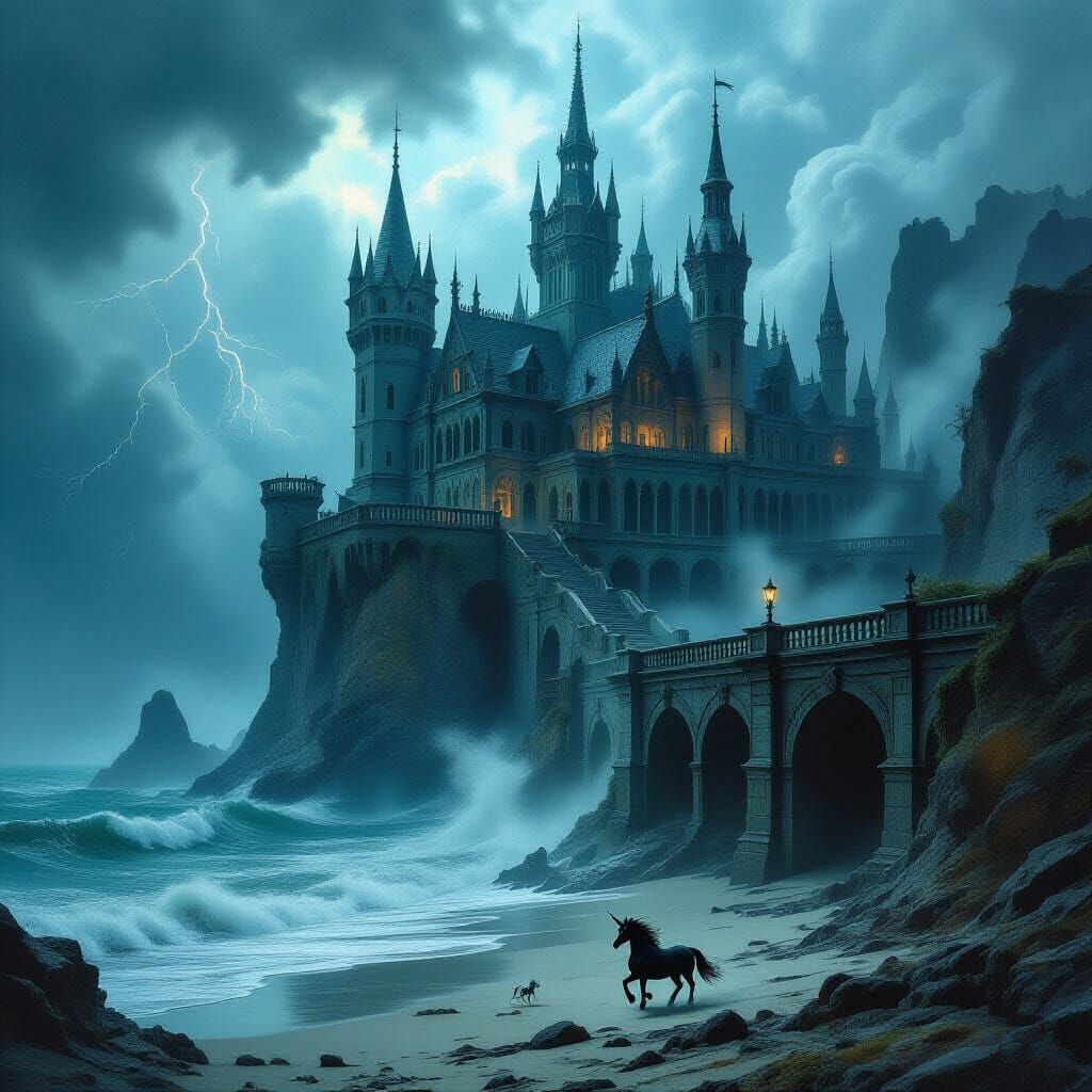 Haunted Gothic Palace and Unicorn Chase in Storm