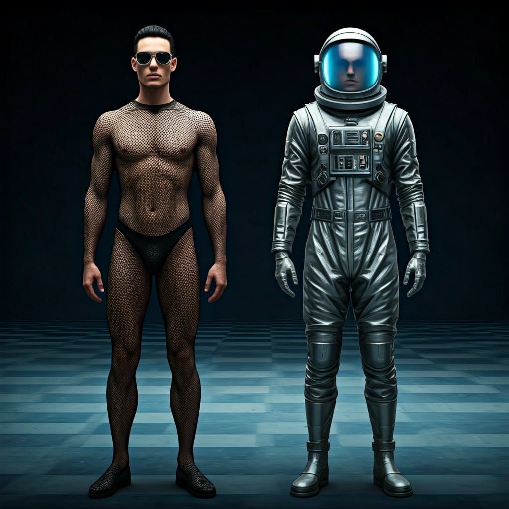 Sleek Man in Futuristic Outfit, Op-Art Chessboard