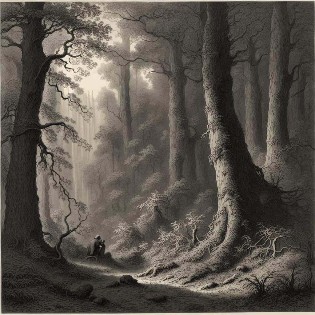 Gothic Evergreen Forest Engraving in Gustave Doré Style