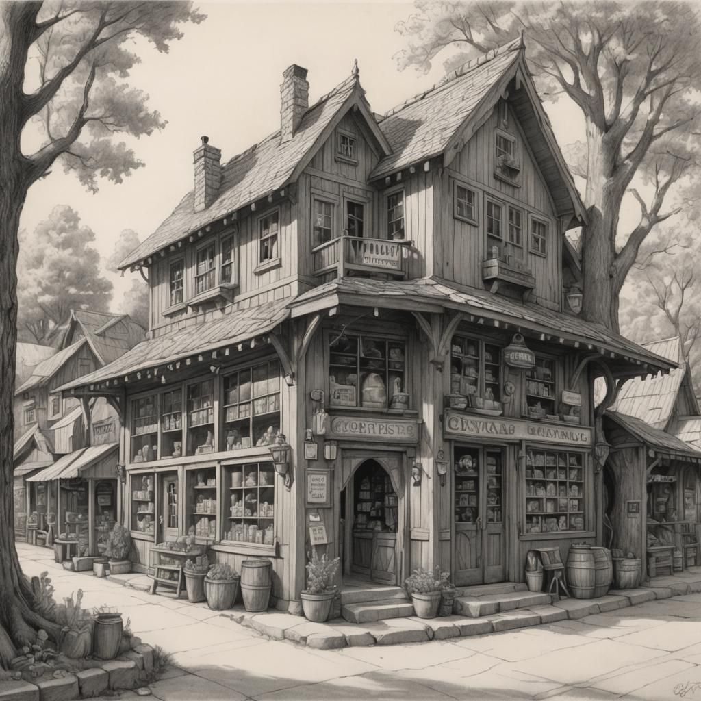 Fantasy General Store: Detailed Pencil Sketch
