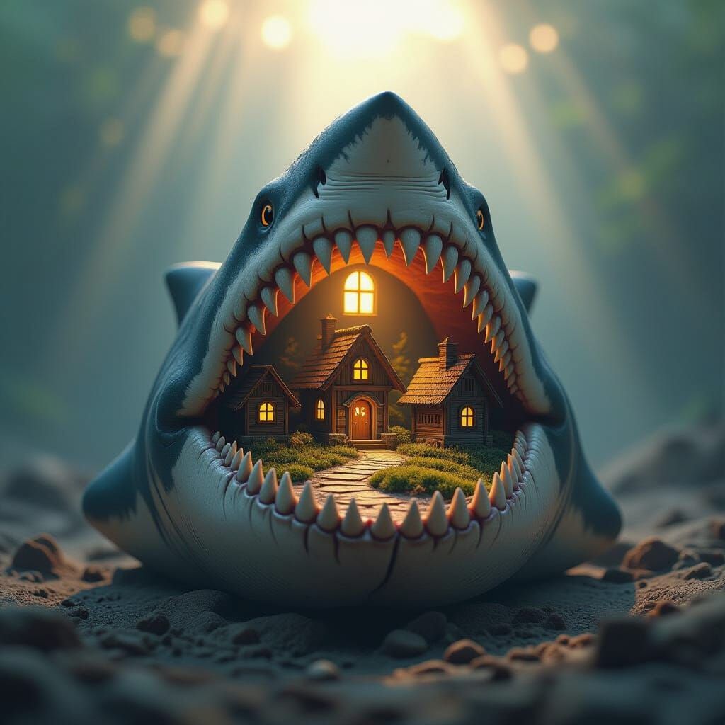 Ancient Megalodon Tooth Holds Miniature Wooden Village