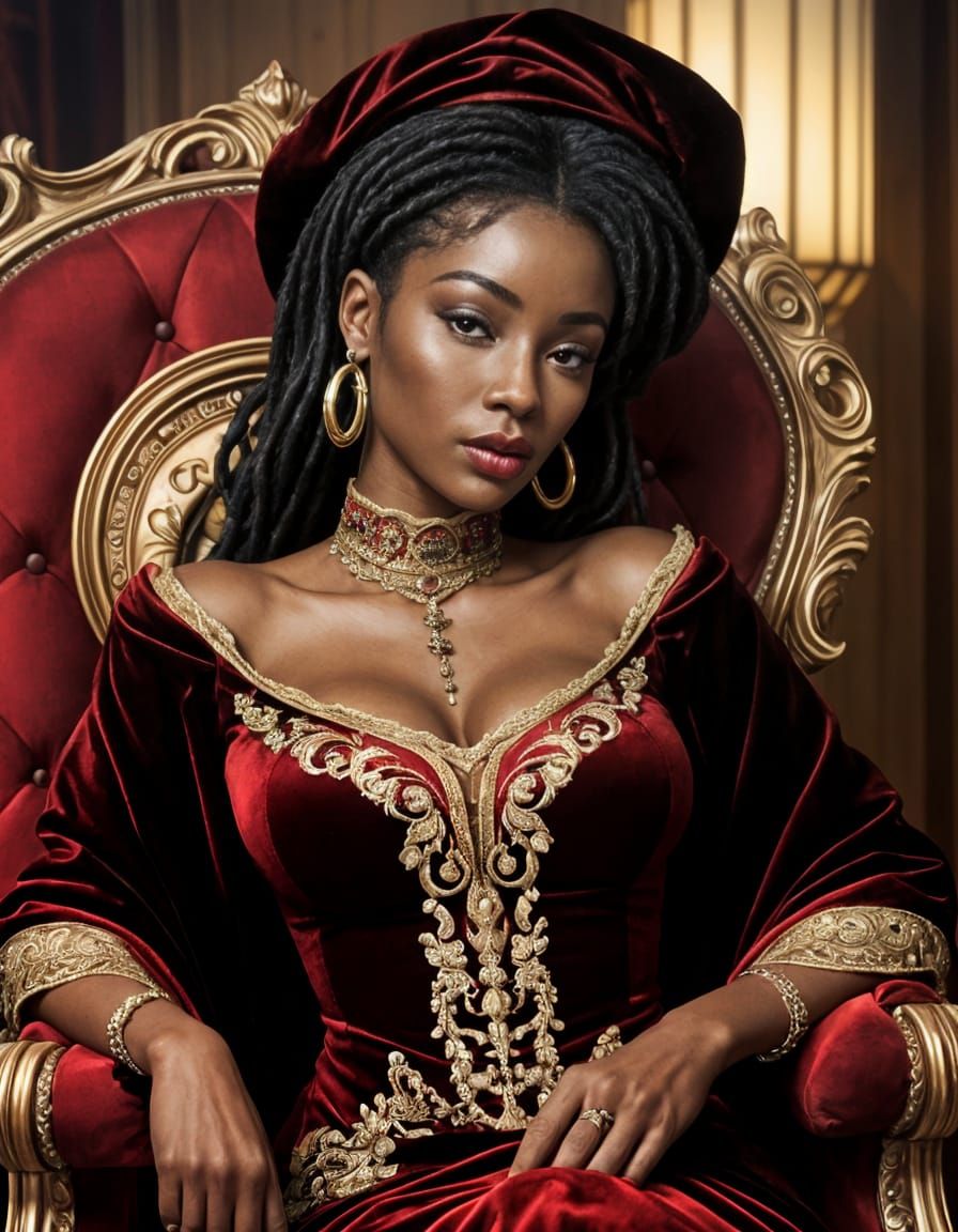 Elegant African Woman in Velvet Dress, Photorealistic Portra...