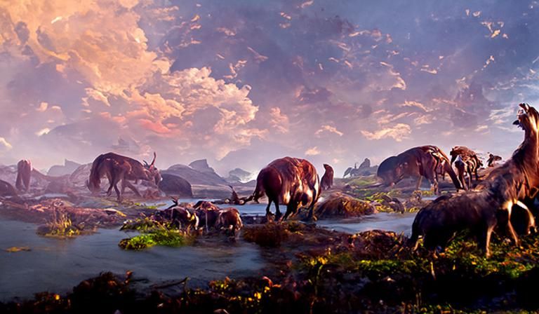 Megafauna Roam Alien Landscape: Digital Matte Painting