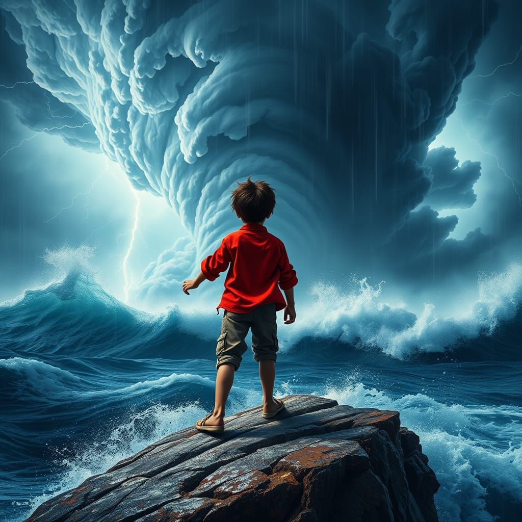Young Hero Gazing Out at Swirling Hurricane Over Turbulent O...