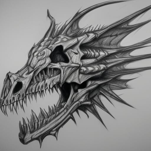 Skeletal Dragon Head: Detailed Charcoal Concept Art
