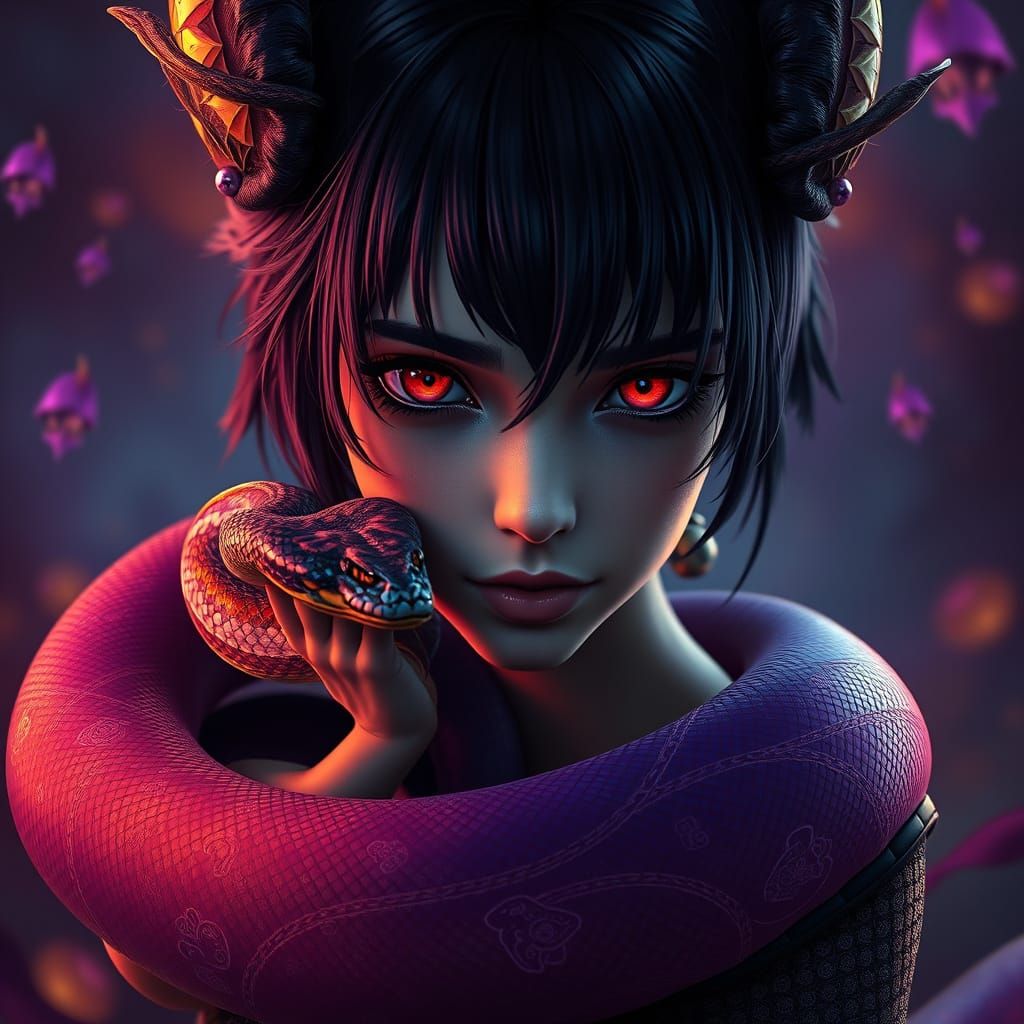 Mystical Girl with Snake in Dark Fantasy Style