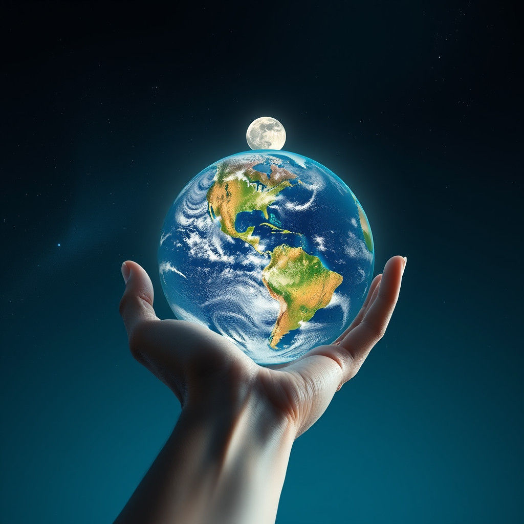 Hand Holds Earth with Moon in Cosmos