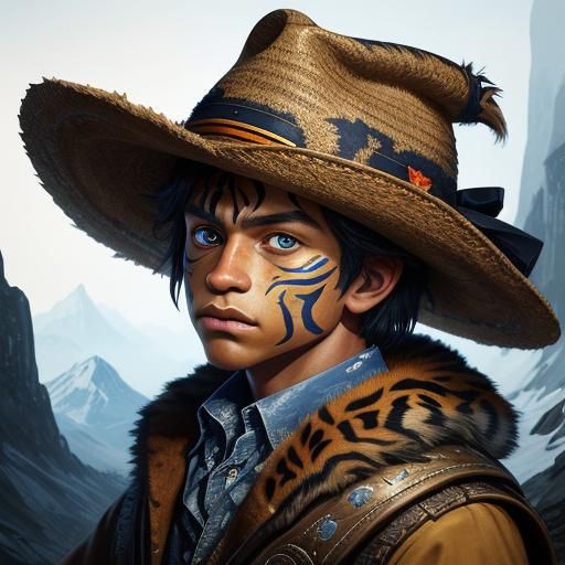 Hyperrealistic Tiger-Faced Boy Cowboy in Mountains