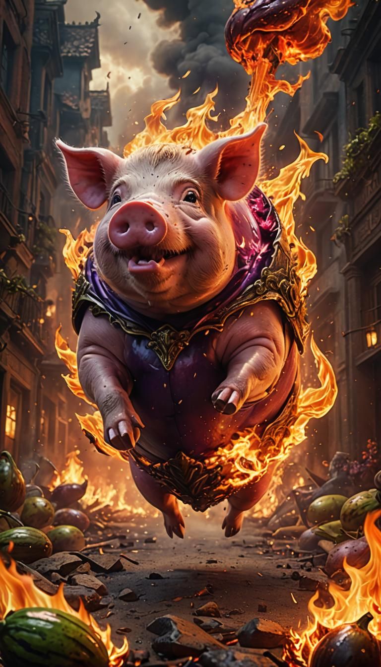 Pig Running Through Flames with Eggplant, Fantasy Art