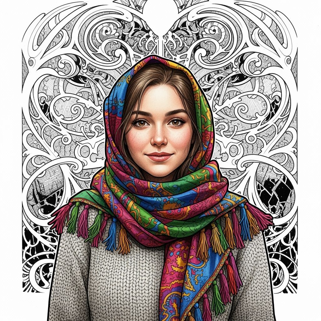 Kind Woman with Multi-Coloured Scarf in Art Nouveau Style
