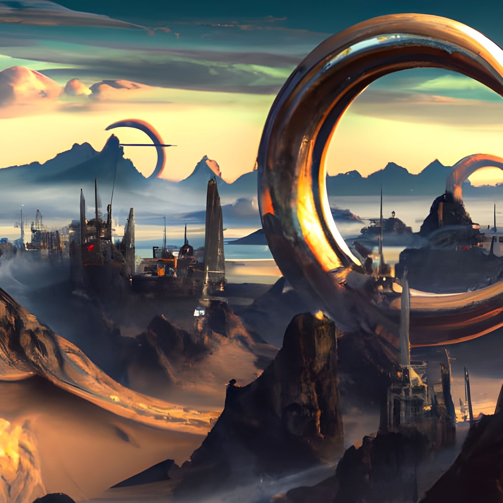 Alien Dawn: Ringed Moon in Retro-Futurist Landscape