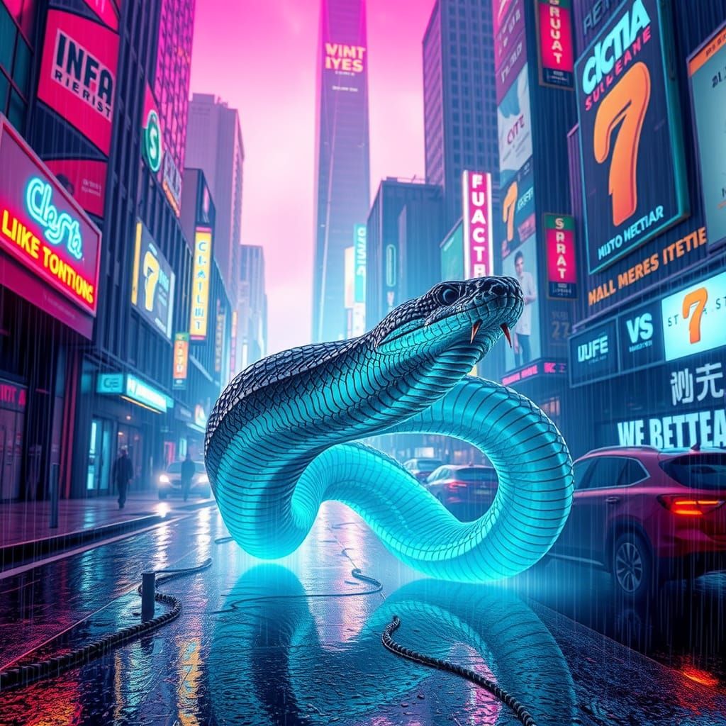 Cyberpunk Gaboon Viper in Neon Cityscape