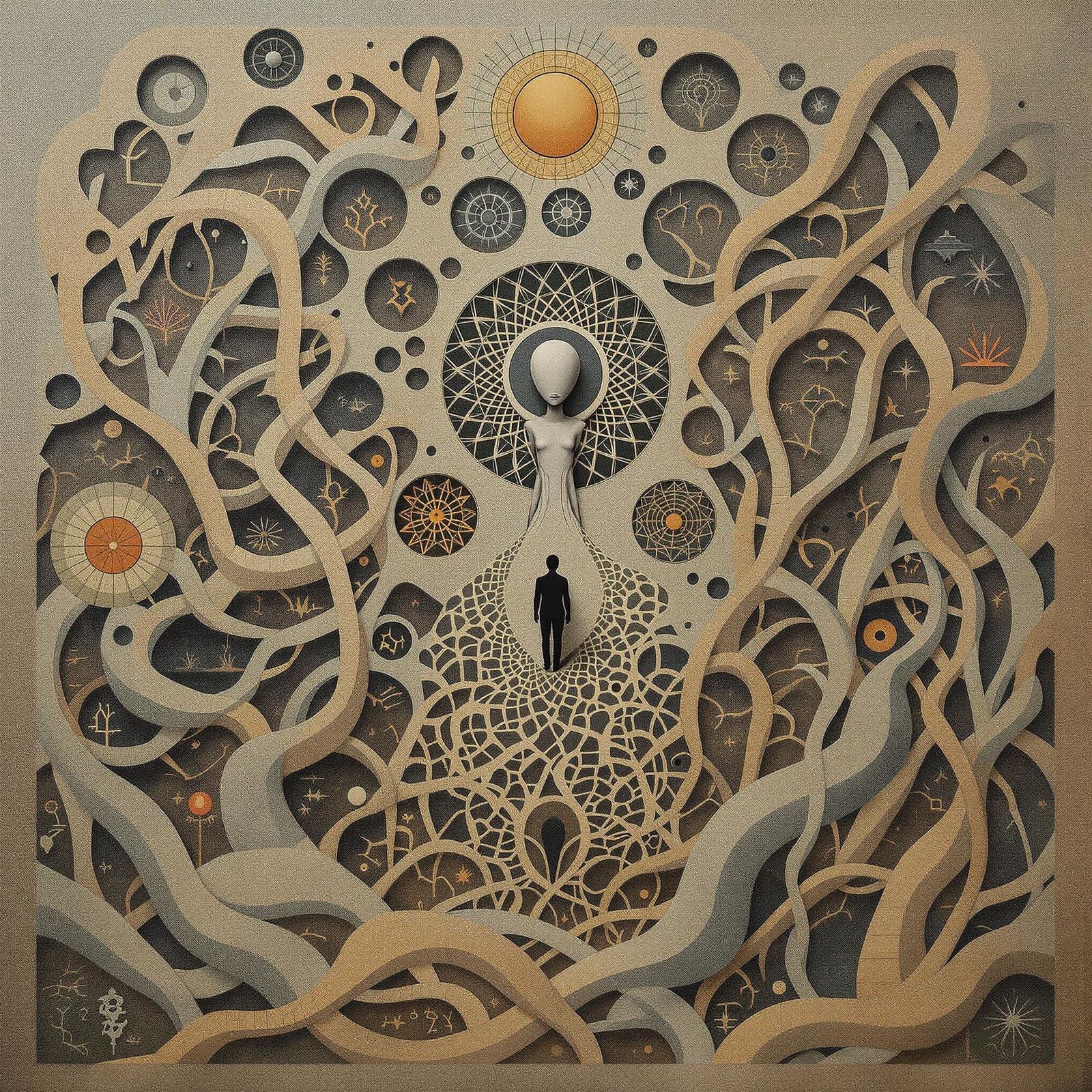 Surreal Figure Amidst Mosaic Landscape Evokes Ancient Mystic...