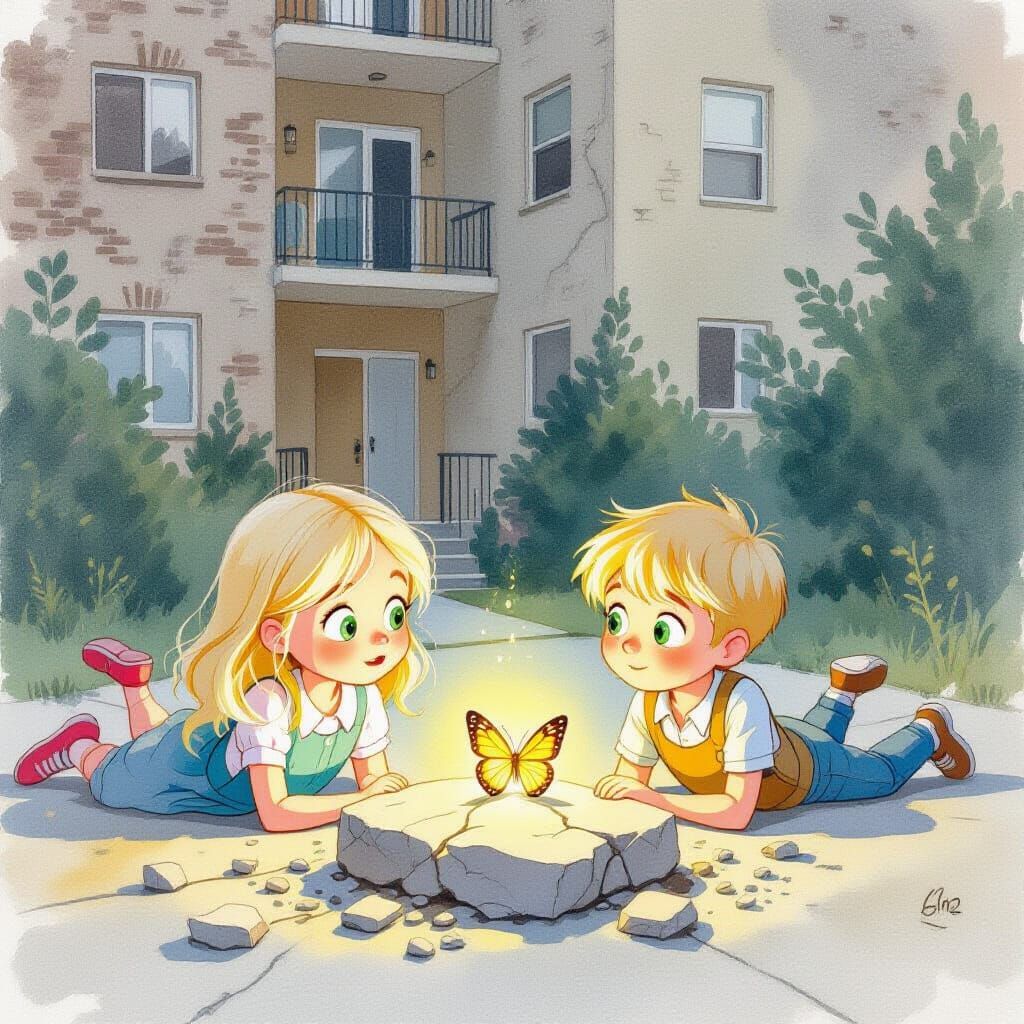Children Gaze at Butterfly in Watercolor Style