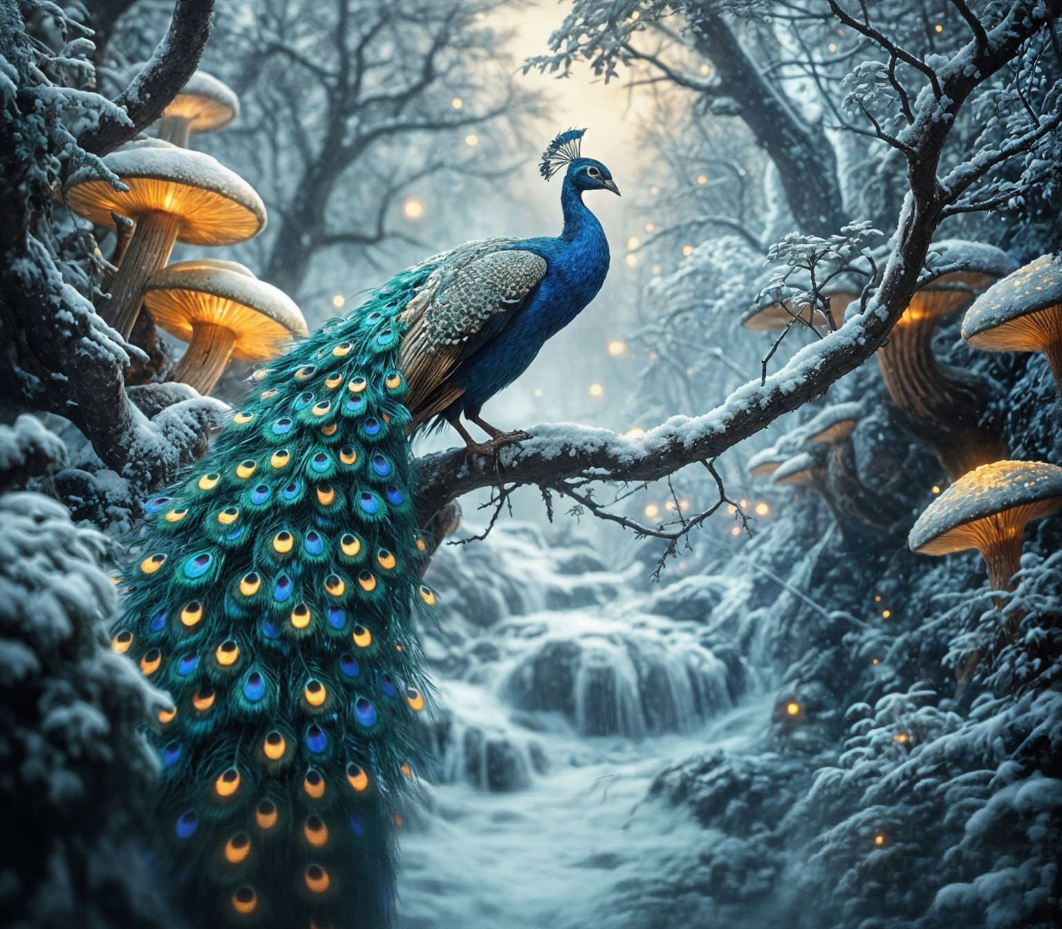 Ethereal Peacock Reigns Above a Snowy Forest River in a Thun...