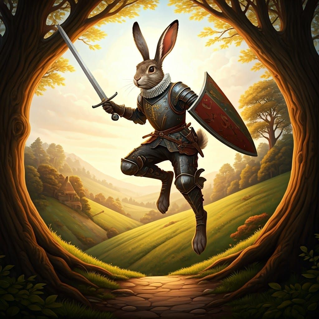 Rabbit Knight Leaping in Redwall Storybook Style