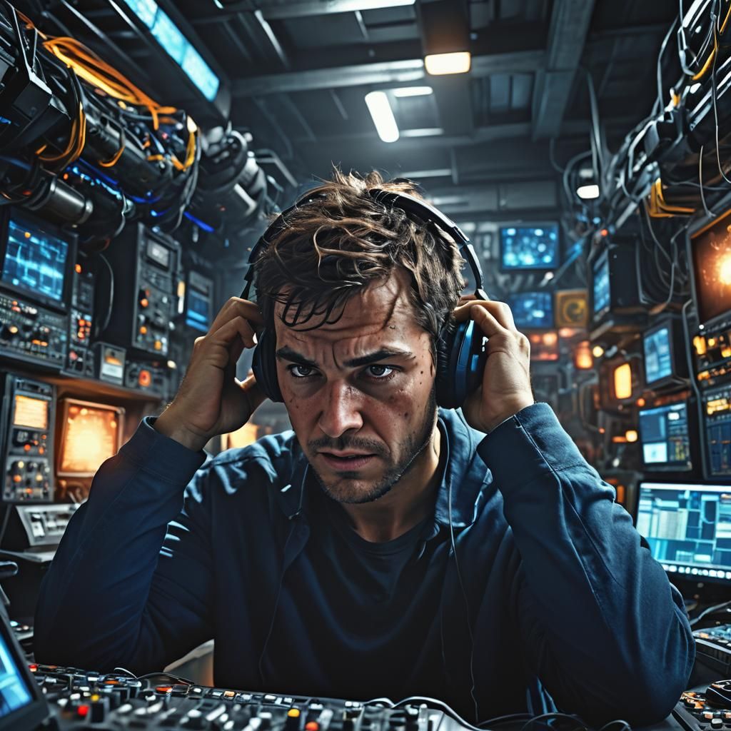 Person Covers Ears in Chaotic Workplace Scene