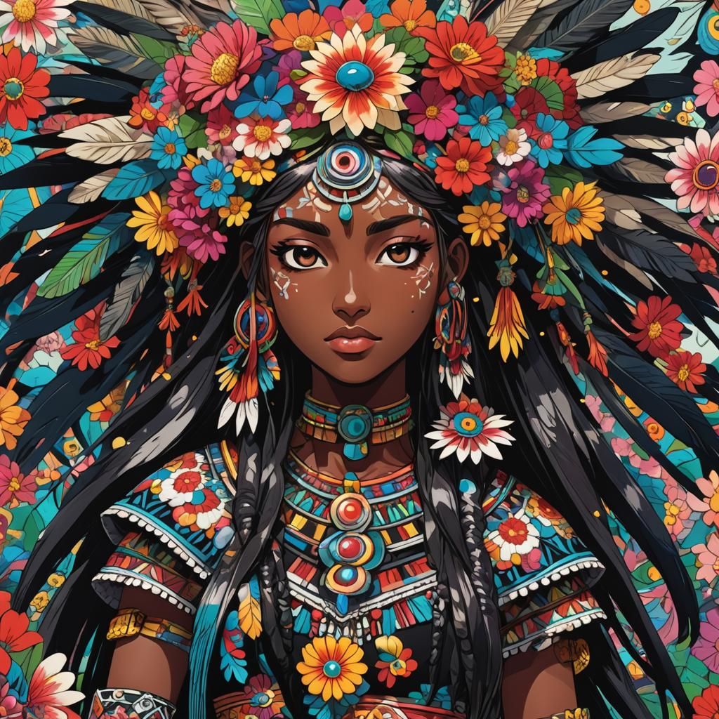Vibrant Anime Manga Aztec Girl in Splash Art Style