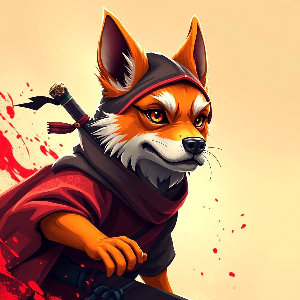 Japanese Dog Ninja in Minimalist Caricature Style