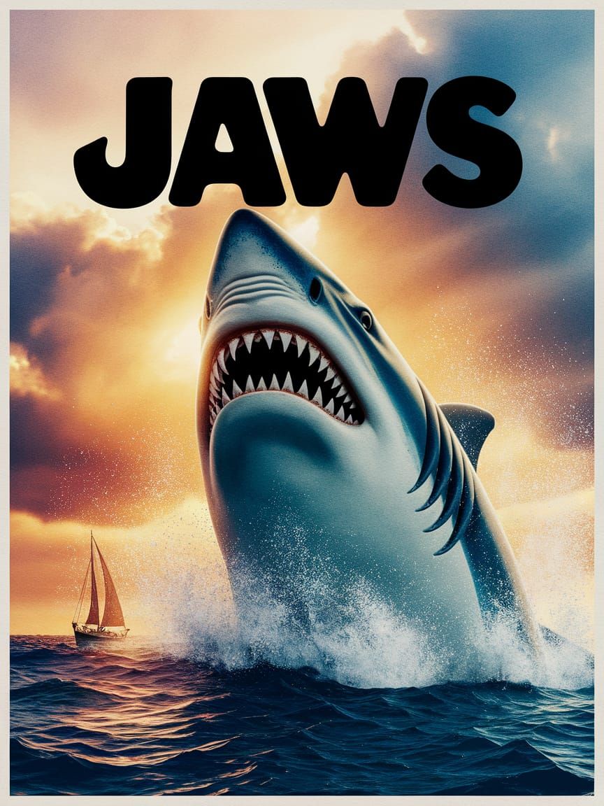 JAWS Movie Poster: Shark Attack in Turner Watercolor Style